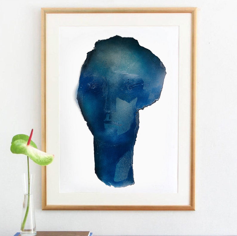 Abstract Blue Art Print, Monumental Head Form, Blue Painting Face, Large Modern Artwork image 5