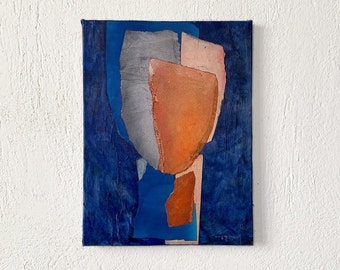 Born of Blue - Original Painting on Canvas, Blue and Orange Mixed Media Artwork with Abstract Head, Stylish Art