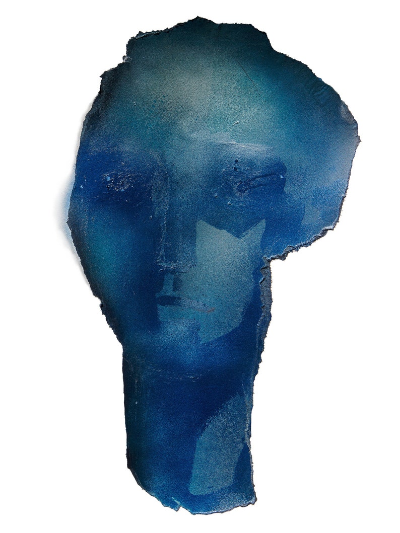 Abstract Blue Art Print, Monumental Head Form, Blue Painting Face, Large Modern Artwork image 3