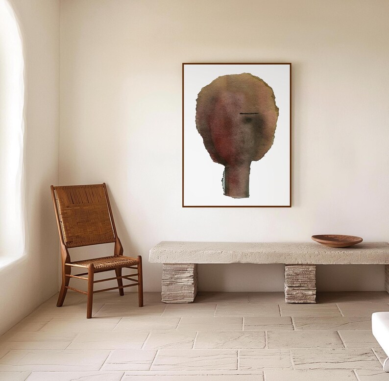 Abstrakt kvinnaporträtt konsttryck, kvinnlig minimalistisk målning, jordig rostbrun väggdekor bild 2