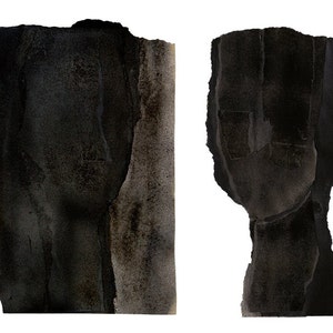 A modern abstract double portrait composition in asphalt black and dark brown on white. The heads are composed of a torn paper layers with exposed grungy edges. The texture smudged for a water color effect. Shades of tan browns remind of a nose.