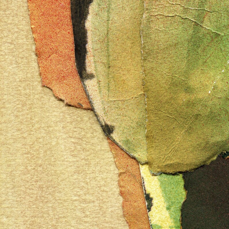 May include: Abstract collage with torn paper pieces in shades of tan, orange, green, and black. The paper has a textured, aged appearance, with visible tears and creases. The composition is a close-up, highlighting the textures and colors.