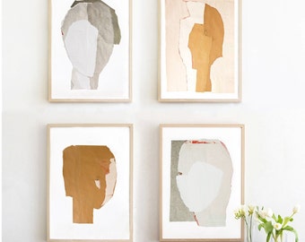 Neutral Gallery Wall Set of 4 Art Prints, Beige and Grey Abstract Fine Art Collage Collection, Minimal Modern Home Decor