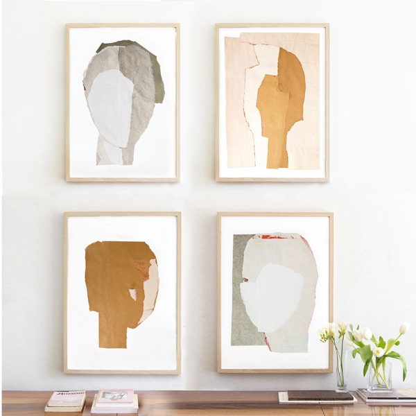 Neutral Gallery Wall Set von 4 Kunstdrucken, Beige und Grau Abstrakte Fine Art Collage Collection, Minimal Modern Home Decor