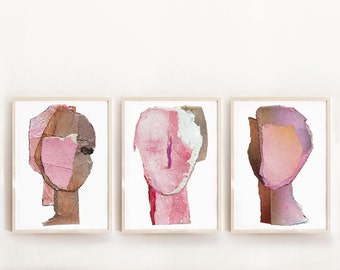 Abstract Pink Wall Art Set of 3 Prints, Minimalist Abstract Woman Paintings