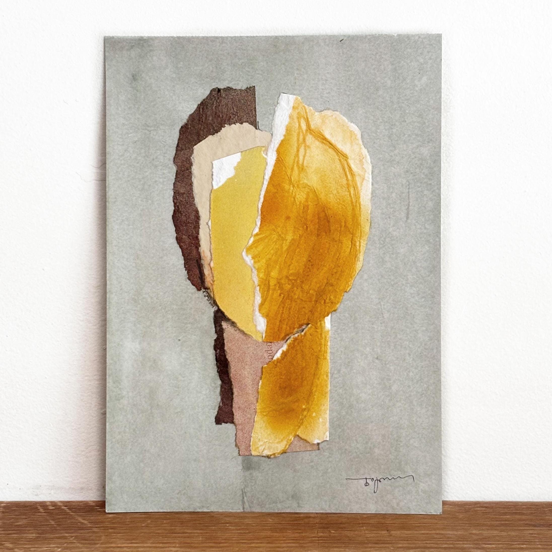 紙に描かれたオリジナルの現代絵画、黄色、茶色、灰色の抽象画