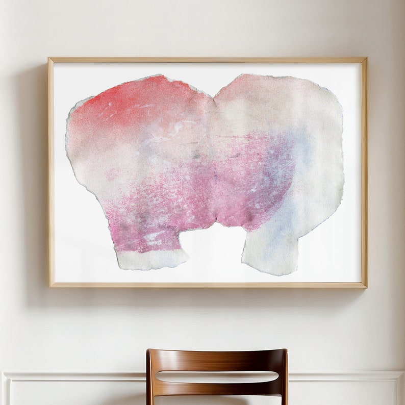 A high quality art print of a romantic abstract portrait of a kiss in off white, coral and lavender blush pink and pastel violet on white. It's composed of one piece torn paper with rough edges, accented with fine spray-painted bluish mist.