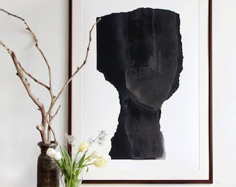 Minimalist Black and White Wall Art Print, Large Contemporary Abstract Painting, Simple Figurative Artwork