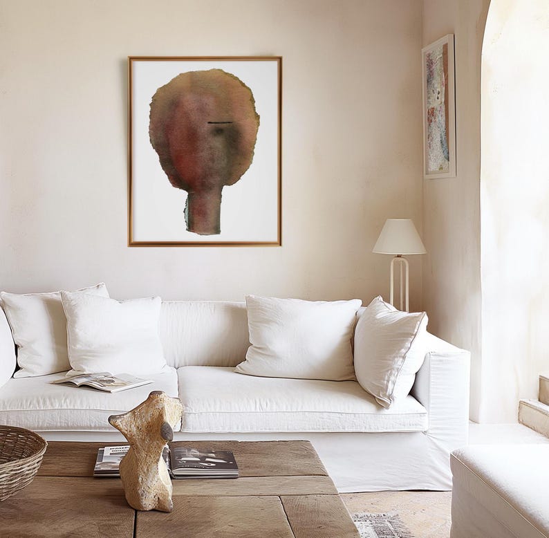Abstrakt kvinnaporträtt konsttryck, kvinnlig minimalistisk målning, jordig rostbrun väggdekor bild 6
