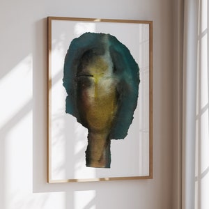 May include: Abstract watercolor painting of a person's face with blue and green tones. The face is partially obscured by the blue and green tones, creating a sense of mystery.