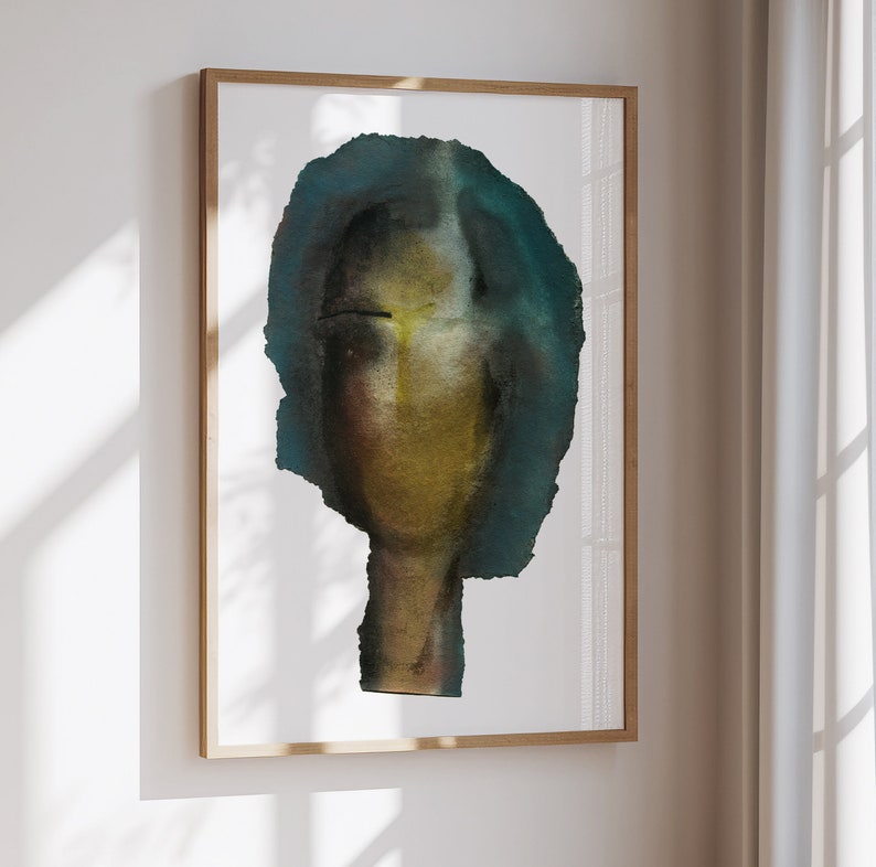 May include: Abstract watercolor painting of a person's face with blue and green tones. The face is partially obscured by the blue and green tones, creating a sense of mystery.