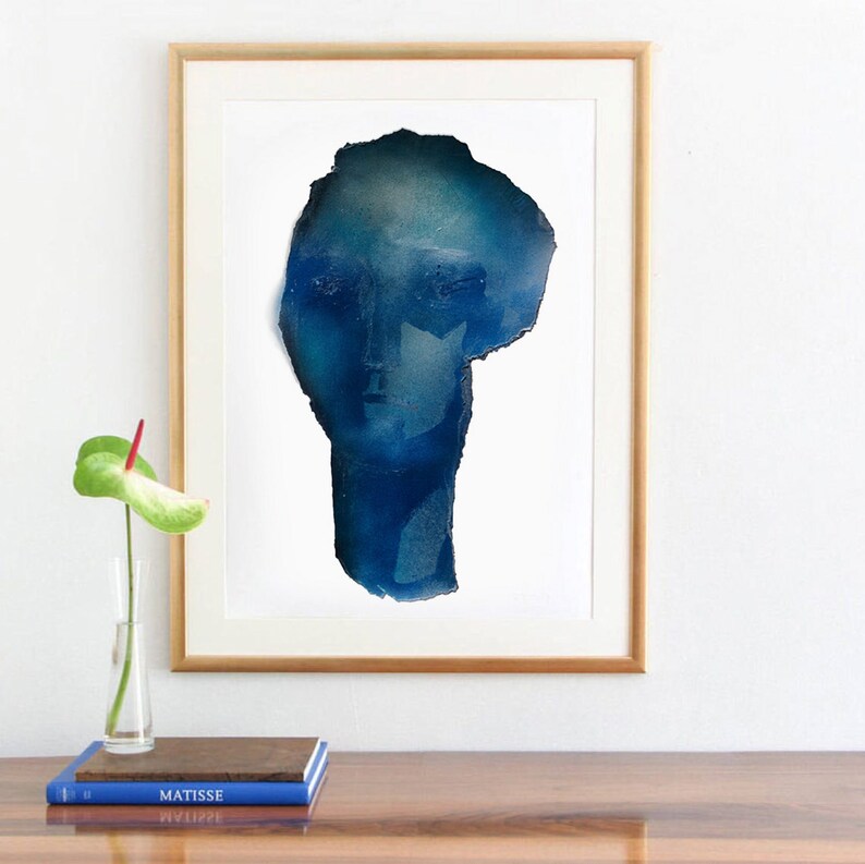 Abstract Blue Art Print, Monumental Head Form, Blue Painting Face, Large Modern Artwork image 2
