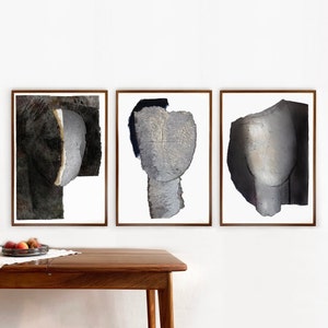 Large Modern Black and White Wall Art Set of 3 Prints, Neutral Abstract Heads, 3 Pieces Art, Japandi Minimalist Gallery Wall