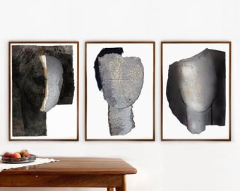 Large Modern Black and White Wall Art Set of 3 Prints, Neutral Abstract Heads, 3 Pieces Art, Japandi Minimalist Gallery Wall