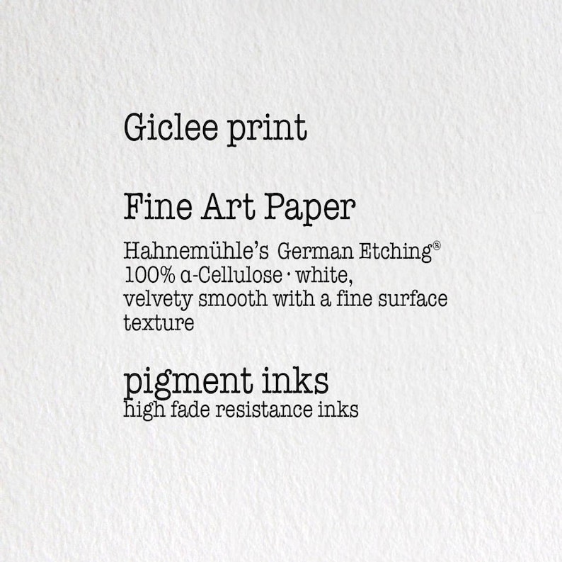 K&ouml;nnte beinhalten: Gicl&eacute;e-Druck auf Fine Art Papier. Hahnem&uuml;hle's German Etching&reg; 100% &alpha;-Cellulose, wei&szlig;, samtig glatt mit einer feinen Oberfl&auml;chenstruktur. Pigmenttinten, hohe Lichtechtheit.