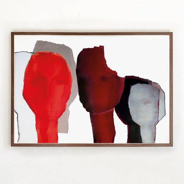 Heller abstrakter Kunstdruck in Schwarz Weiß und Rot mit minimalistischen Gemäldeköpfen, Viva Magenta Modern Art Print, Große Lebendige Wandkunst