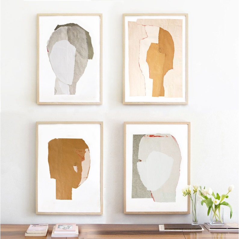 Beige Wall Art Print with Head Collage, Light Modern Living Room Wall Decor, Minimalist Home Decoration image 6
