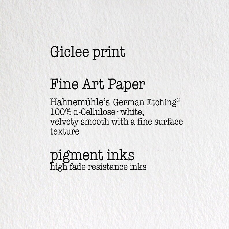 May include: Giclee print on fine art paper. Hahnem&uuml;hle's German Etching&reg; 100% a-Cellulose white, velvety smooth with a fine surface texture. Pigment inks, high fade resistance inks.