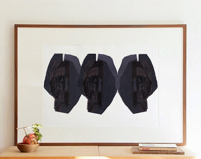 Drie abstracte hoofden, minimale zwart-wit print, grote muur kunst print van originele, moderne beeldende kunst schilderij