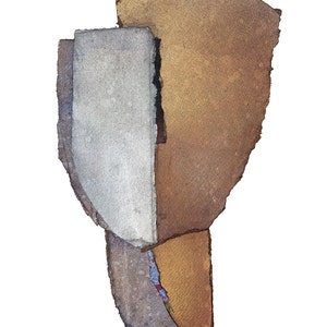 A monumental abstract portrait in stone and earth colors- beige to golden brown, dove gray, brushed off-white, with black and sky blue accents. The texture is grainy, the rough ripped paper edges are exposed and brushed in hues of the palette colors.