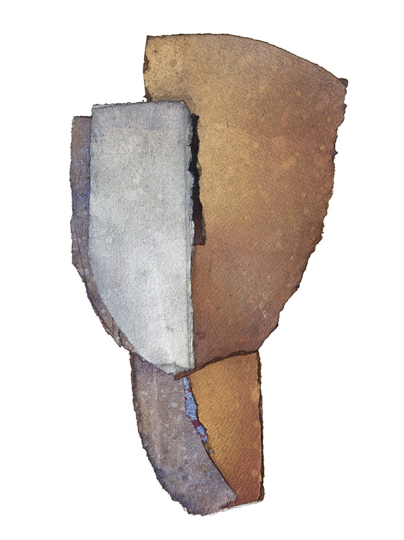 A monumental abstract portrait in stone and earth colors- beige to golden brown, dove gray, brushed off-white, with black and sky blue accents. The texture is grainy, the rough ripped paper edges are exposed and brushed in hues of the palette colors.