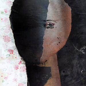 May include: Abstract painting of a face with a black and white background. The face is partially obscured by a black shape, with only one eye visible. The background is a textured surface with a floral pattern.