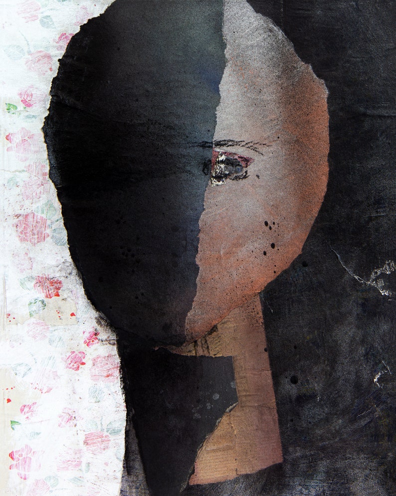 May include: Abstract painting of a face with a black and white background. The face is partially obscured by a black shape, with only one eye visible. The background is a textured surface with a floral pattern.