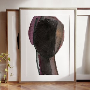 Silueta de cabeza de mujer, gran impresión de pintura abstracta de arte contemporáneo original, arte de pared extragrande en morado y negro