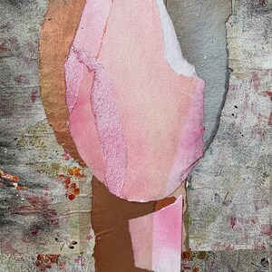 May include: Abstract art collage with pink, brown, and gray paper pieces layered on top of each other. The paper has a textured, handmade look.