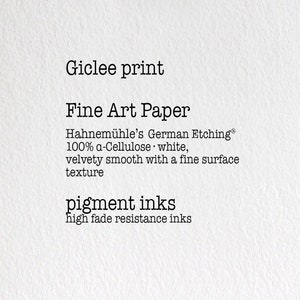 May include: Giclee print on fine art paper. Hahnem&uuml;hle's German Etching&reg; 100% a-Cellulose, white, velvety smooth with a fine surface texture. Pigment inks, high fade resistance inks.
