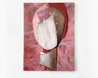 At The Blossom - Original Painting on Canvas, Contemporary Red and Pink Collage Artwork, Textured Abstract Portrait, Ready to Hang