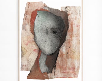 Nostalgia - Abstract Woman Art Print, Female Head Painting, Modern Portrait Wall Art in Terracotta, Brown and Silver Green