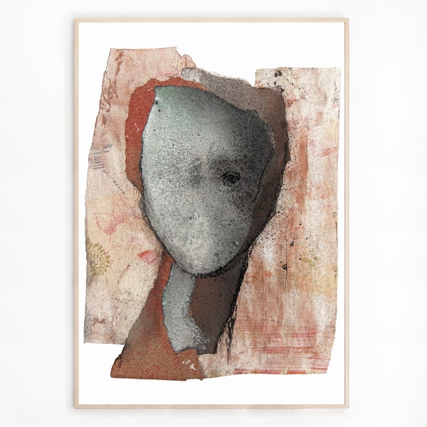 Nostalgia - Abstract Woman Art Print, Female Head Painting, Modern Portrait Wall Art in Terracotta, Brown and Silver Green