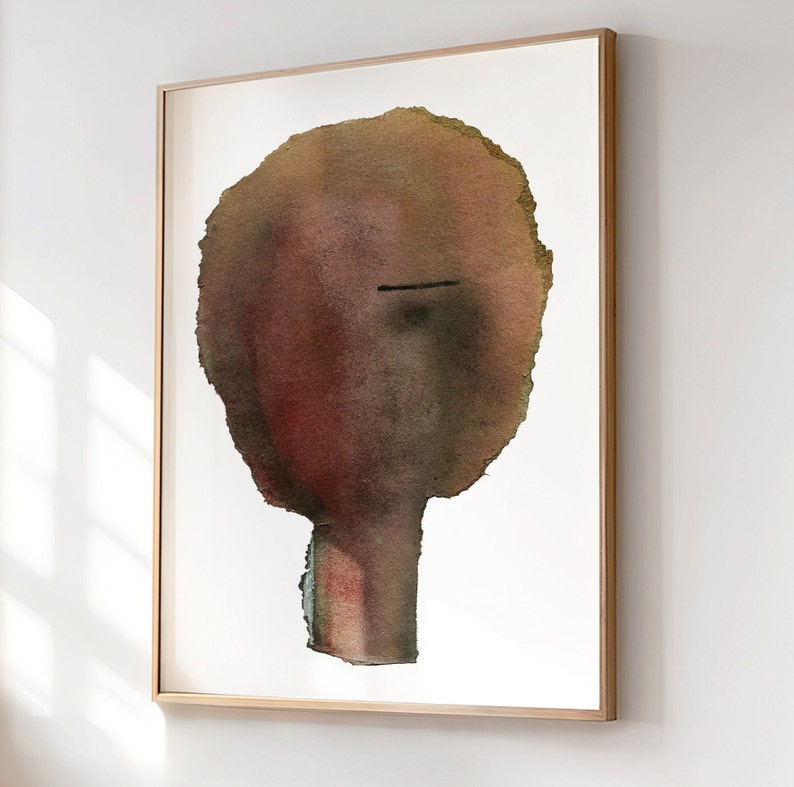 Abstrakt kvinnaporträtt konsttryck, kvinnlig minimalistisk målning, jordig rostbrun väggdekor bild 1