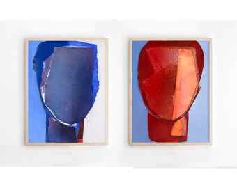 Red and Blue Wall Art Print Set of 2 Prints, Bright Modern Abstract Art Prints of Original Paintings