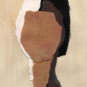 May include: Abstract artwork featuring a collage of torn paper pieces. The composition uses various shades of brown, black, and white, arranged on a beige background. The artwork has a textured, handmade appearance.