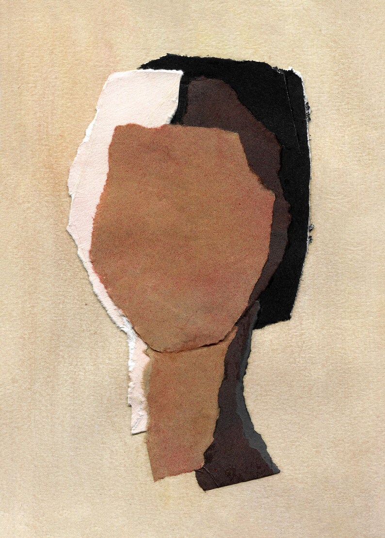 May include: Abstract artwork featuring a collage of torn paper pieces. The composition uses various shades of brown, black, and white, arranged on a beige background. The artwork has a textured, handmade appearance.