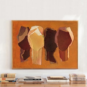 May include: A rectangular wall art piece featuring a textured orange background with four abstract, layered shapes in shades of deep burgundy, dark brown, tan, and cream. The composition uses torn-edge paper elements to create a collage effect.