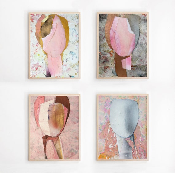 Abstract Boho Wall Art Prints Set, Pink Brown Grey Paintings, Textured Fine Art Paper