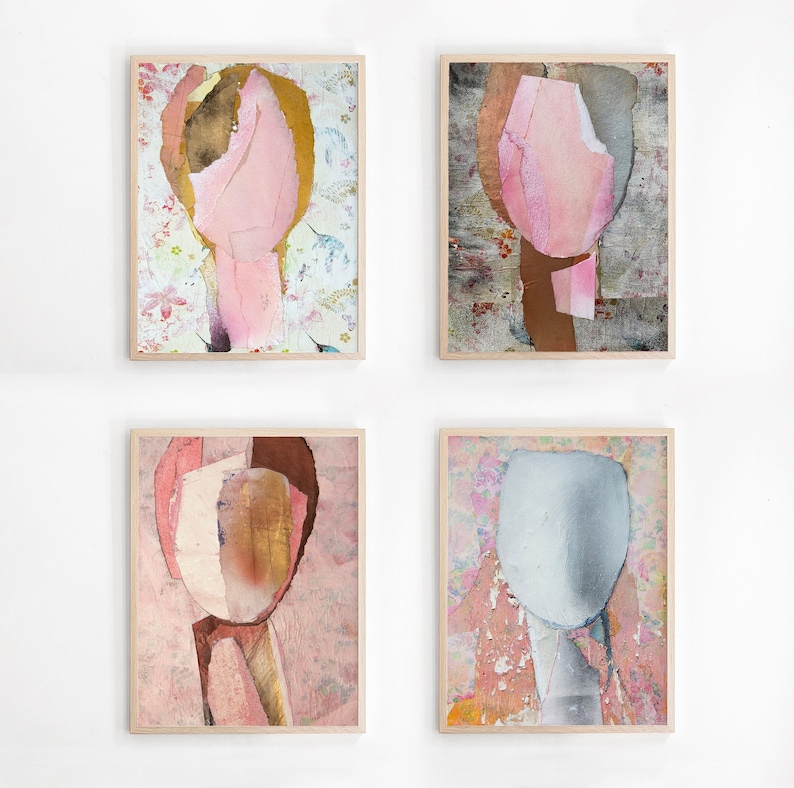 May include: Four framed abstract art prints with a pink, brown, and gray color scheme. Each print features a unique collage of textured paper and paint.