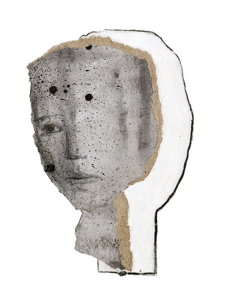 A modern statement abstract portrait in shades of gray. The artwork is one layer of ripped thick paper on a bigger white head shape outlined with charcoal. The exposed rough paper edges have golden hue. The facial features are sketched with graphite.