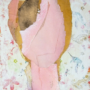 May include: Abstract art collage featuring a pink and brown figure with a textured surface against a white background with a floral pattern.