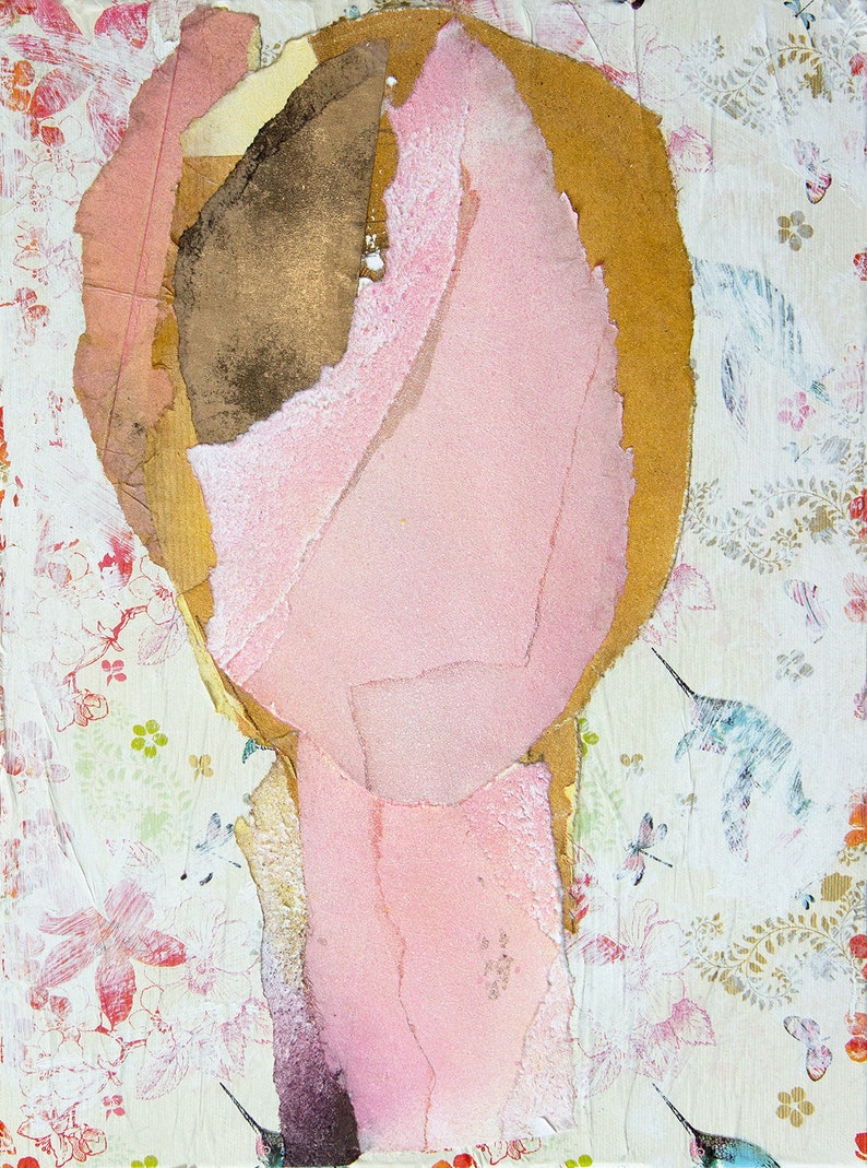 May include: Abstract art collage featuring a pink and brown figure with a textured surface against a white background with a floral pattern.