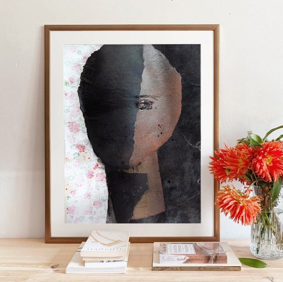 Large Abstract Woman Wall Art Print, Dark Female Portrait in Black with Roses, Modern Face Print, Feminine Artwork