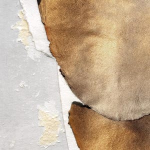 May include: Abstract art piece with a textured, layered look. The piece features a combination of brown, gold, and white tones.