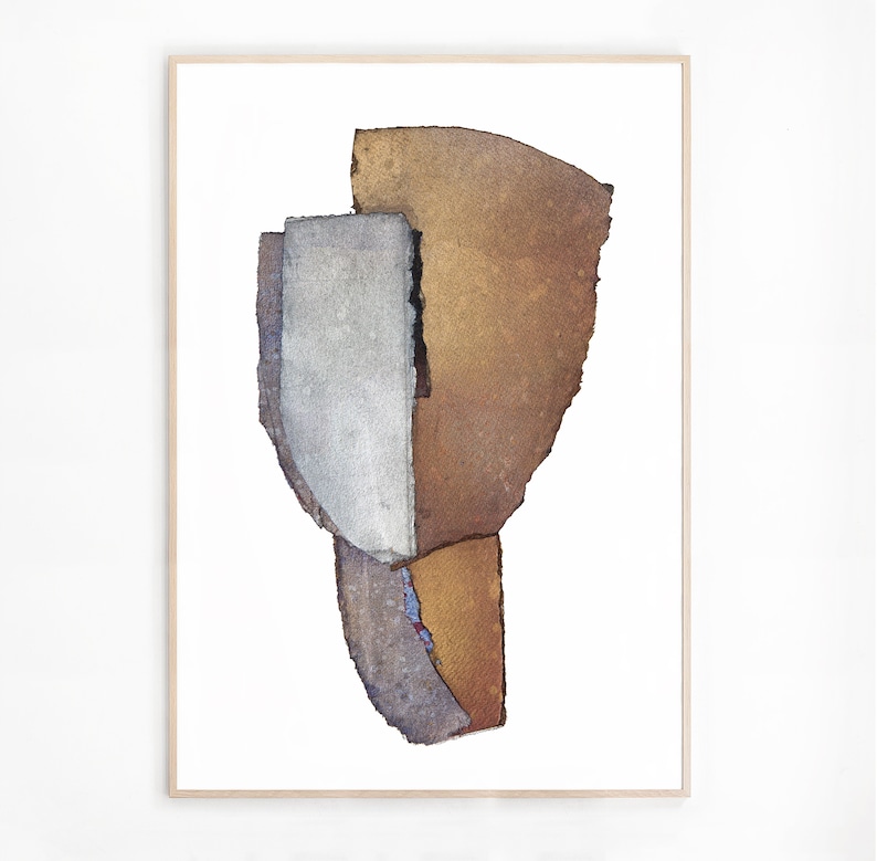 A light wood framed high quality Giclee art print of an original abstract portrait in stone and earth colors- beige to golden brown, dove gray, brushed off-white, with black and sky blue accents. The woven texture has rough, ripped, dark paper edges.