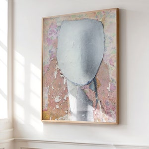 May include: A rectangular framed wall art piece featuring a large, central, textured silver-grey oval shape layered over a background of faded floral patterns in shades of pink, green, and yellow, with visible peeling paint and distressed textures.
