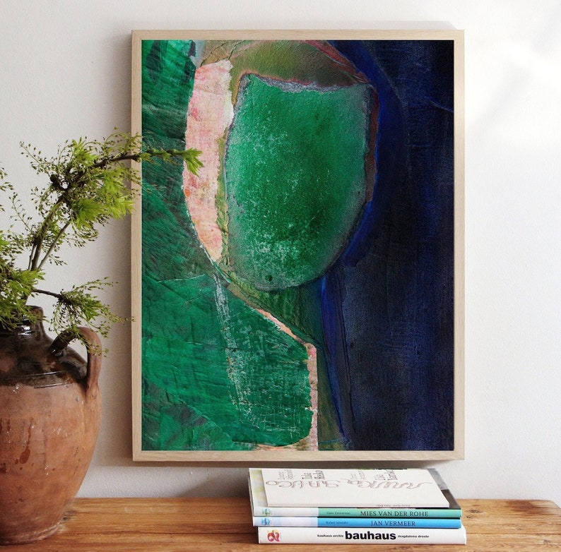 Lost in Greenery - Abstract Emerald Green Blue Wall Art Print, Large Moody Maximalist Painting