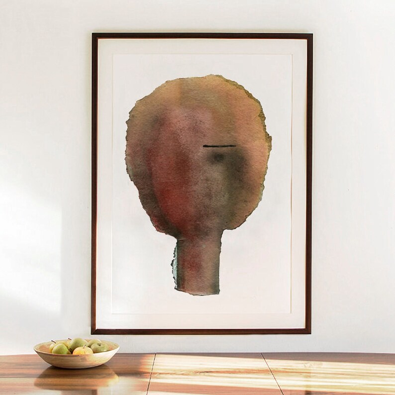Abstrakt kvinnaporträtt konsttryck, kvinnlig minimalistisk målning, jordig rostbrun väggdekor bild 3