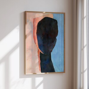 K&ouml;nnte beinhalten: Abstrakte Malerei mit einer dunkelblauen und schwarzen Figur auf einem rosa und blauen Hintergrund.
